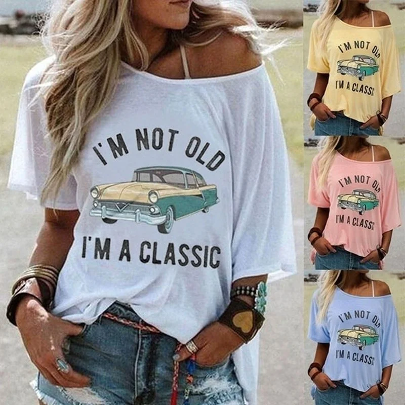 Women's Summer Short Sleeve Shirt Classic Cotton Shirt Top Fashion Cartoon Car Shirt