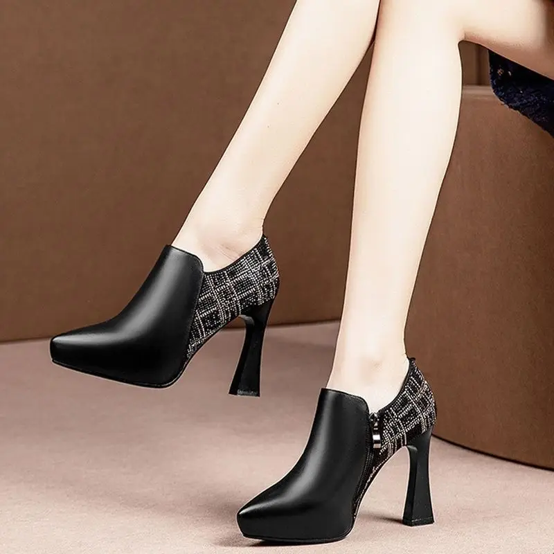 

FHANCHU 2023 обувь из воловьей кожи на высоком каблуке, женские туфли на платформе, блестящие, с острым носком, с боковой молнией, черные, бежевые, 34-40, Прямая поставка