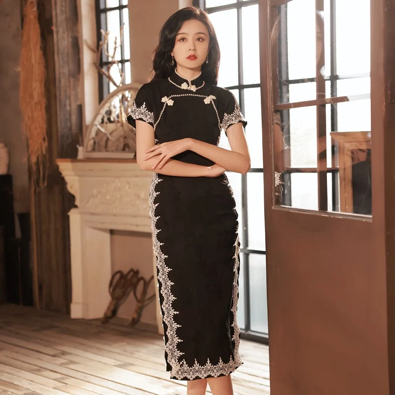 

2023 Spring New Black Cheongsam Women Slim Chinese Style Dress Vintage Eleganti Fashion Young Qipao Modern Improve Temperament