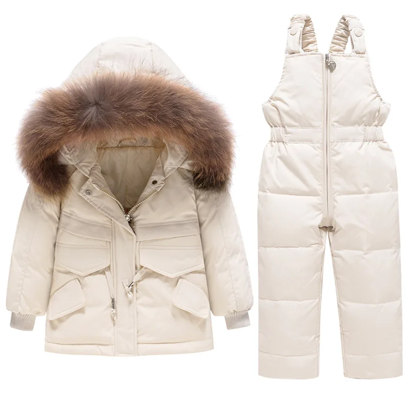 

Winter -30° Children Snowsuit Parka Real Fur Snow Clothing Hooded Boy Baby Overalls Girl Clothes Down Jacket Warm Kids Coats