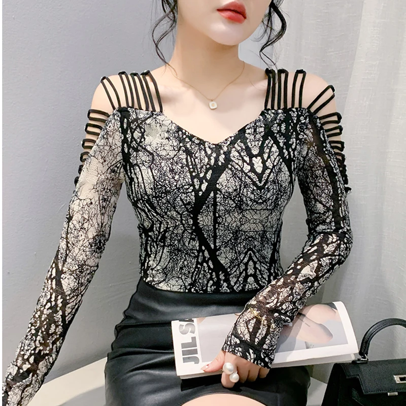 Осень-зима сетчатые топы с длинными рукавами и v-образным вырезом модная