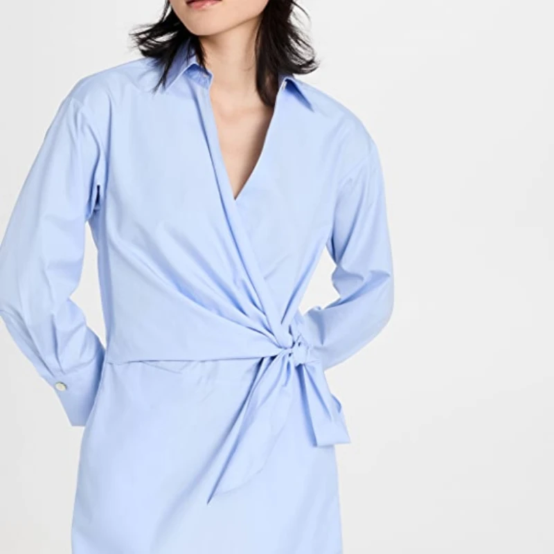 2023 Spring and Summer New Solid Color High Waist V-neck Shirt Dress Women