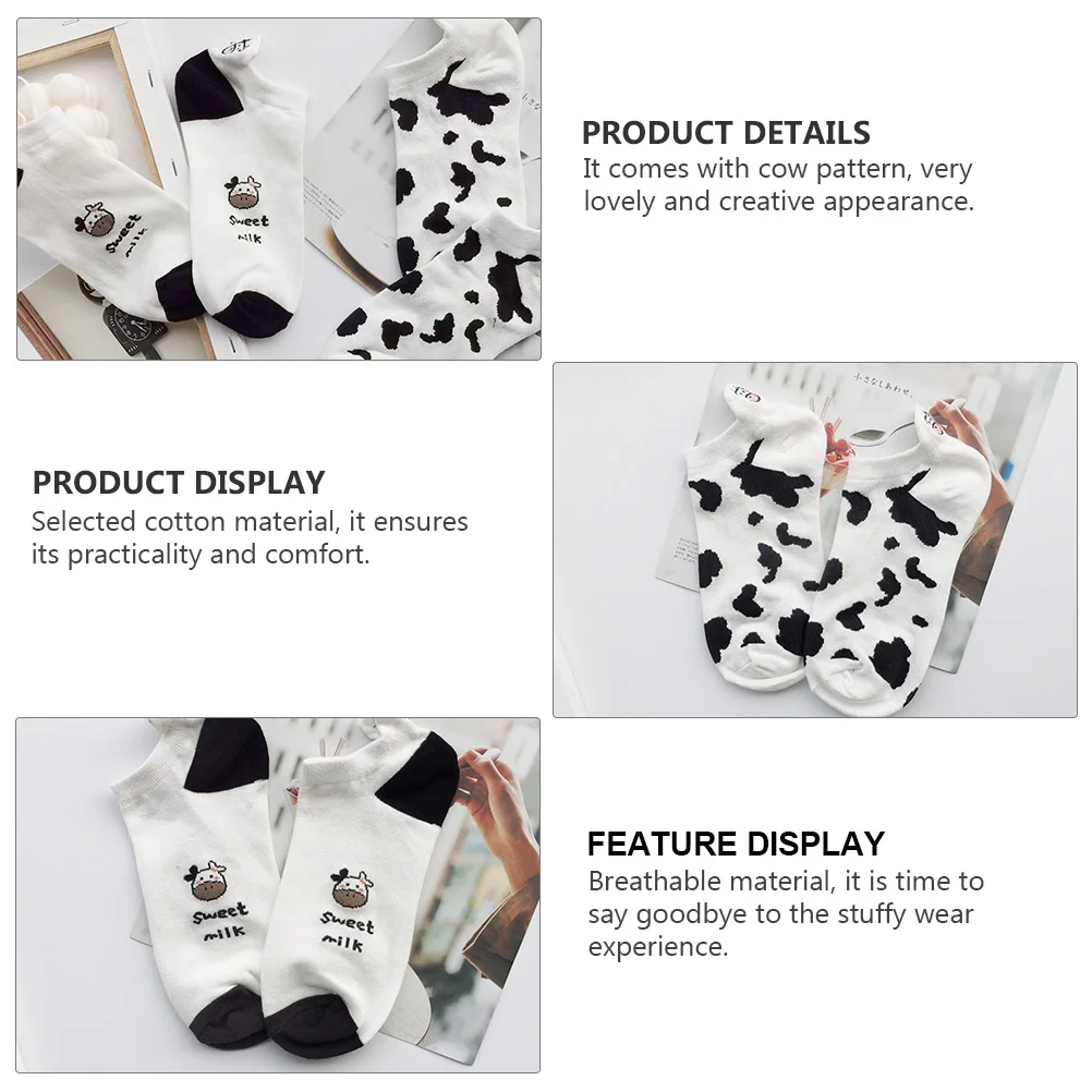4 Pairs Features Socks Women Cow Pattern Crew Conner The Girl Low Cut Novelty Black White Striped Funny Design Show Cotton