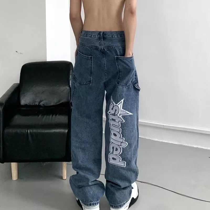 New in American letters embroidered autumn street hip-hop loose jeans lovers four seasons trend wild thin wide-leg pants women i