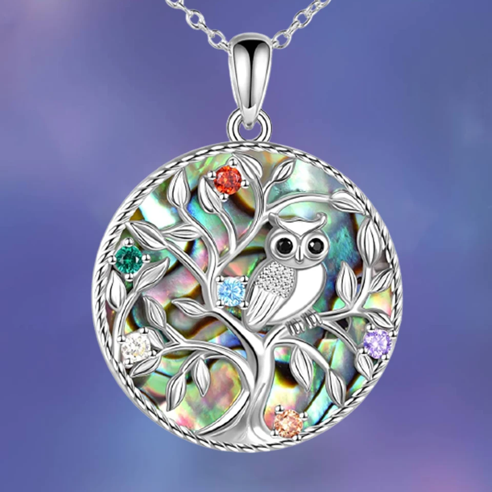 Owl Tree of Life Abalone Shell Necklace for Women Girls Bird Red Blue Crystal Birthstone Pendant Jewelry Collares Para Mujer