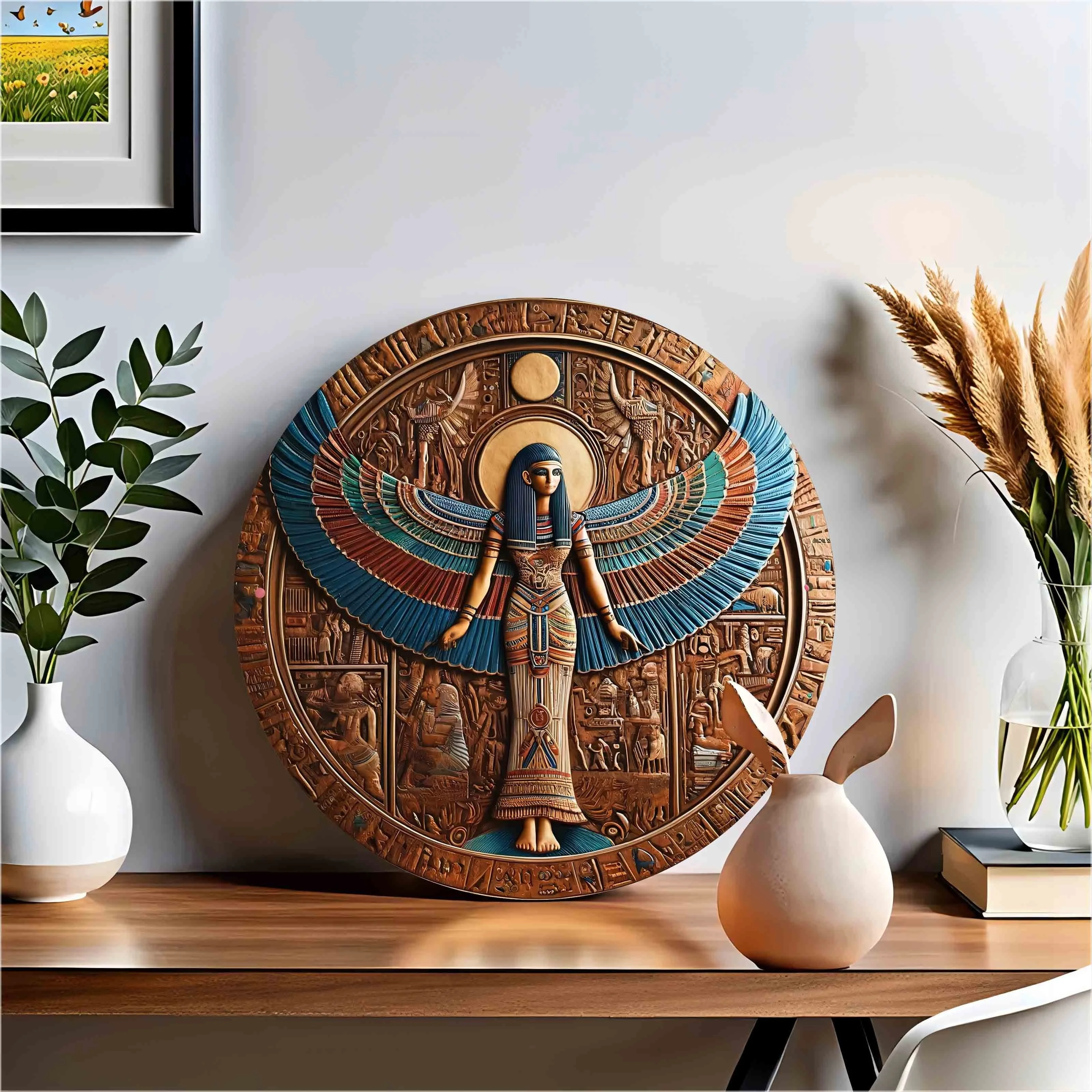 Постер из алюминия Wing Guardian для египетской богини Круглый 2D Настенный декор 8