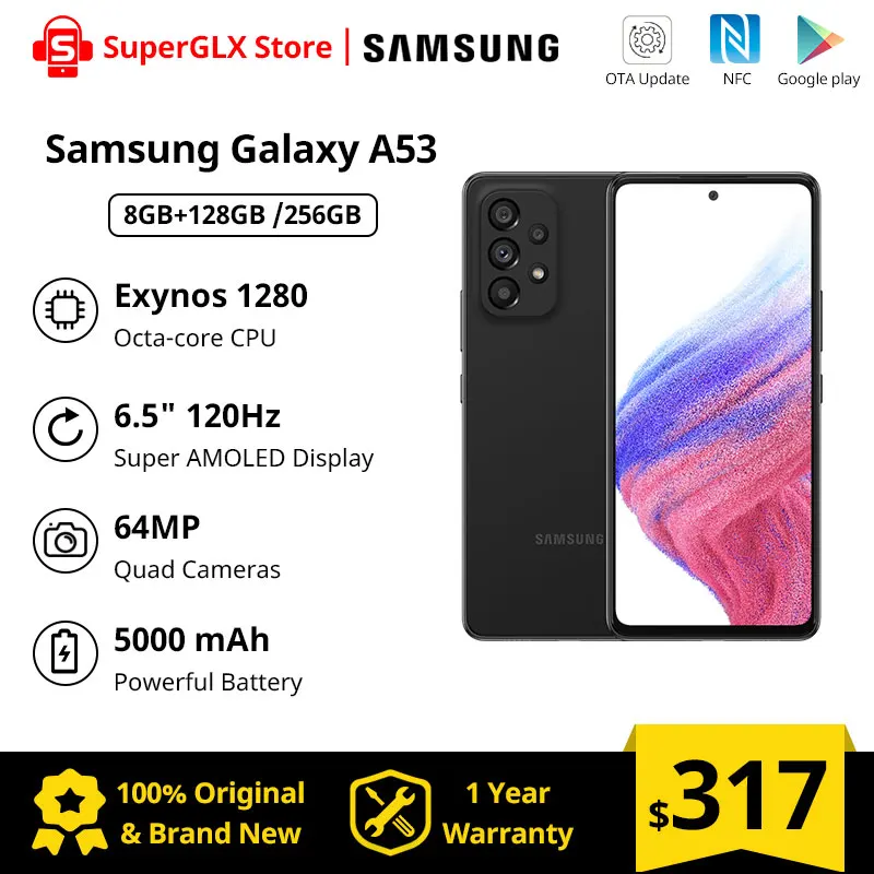 Оригинальный смартфон Samsung Galaxy A53 5G, Android Exynos 1280, Восьмиядерный, 120 Гц, Super AMOLED, 5000 мАч, 25 Вт, быстрая зарядка