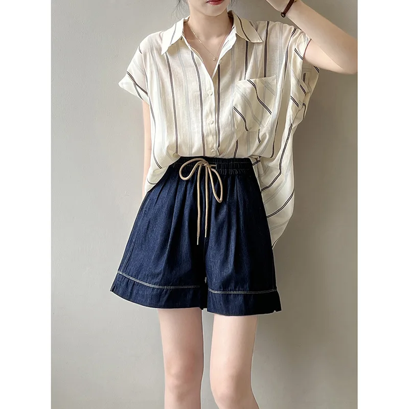 Retro Denim Shorts Women's Loose Versatile Elastic Waist Wide Leg A-line Pants 2023 Summer New Casual Lace-up Short Jeans