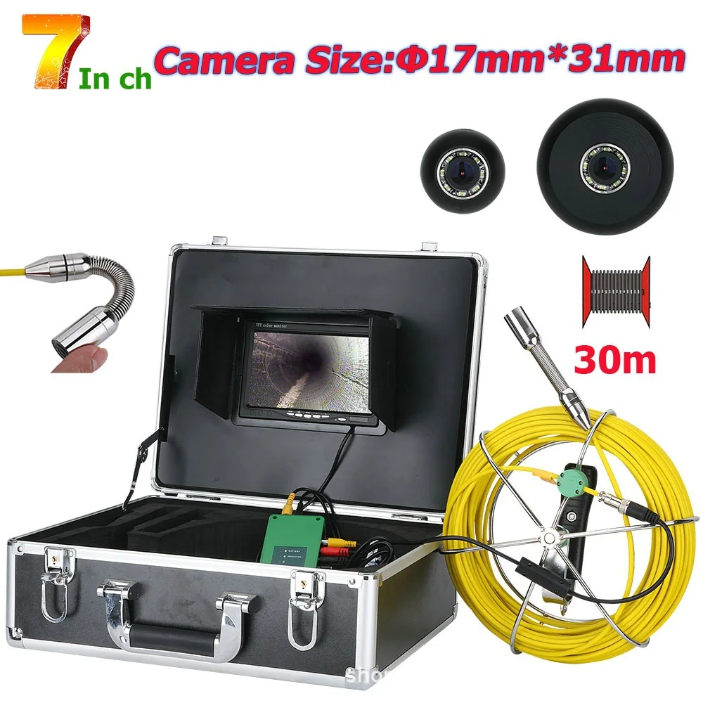 30M 7 inch 17mm Industrial Pipe Sewer Inspection Video Camera IP68 Waterproof Drain 1000 TVL Camera with 8pcs LED Lights