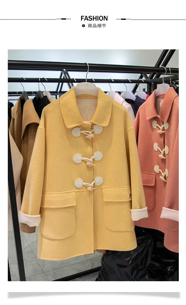 

Женское двустороннее шерстяное пальто средней длины, однотонное пальто в студенческом стиле с пряжкой из коровьего рога в Корейском стиле для зимы