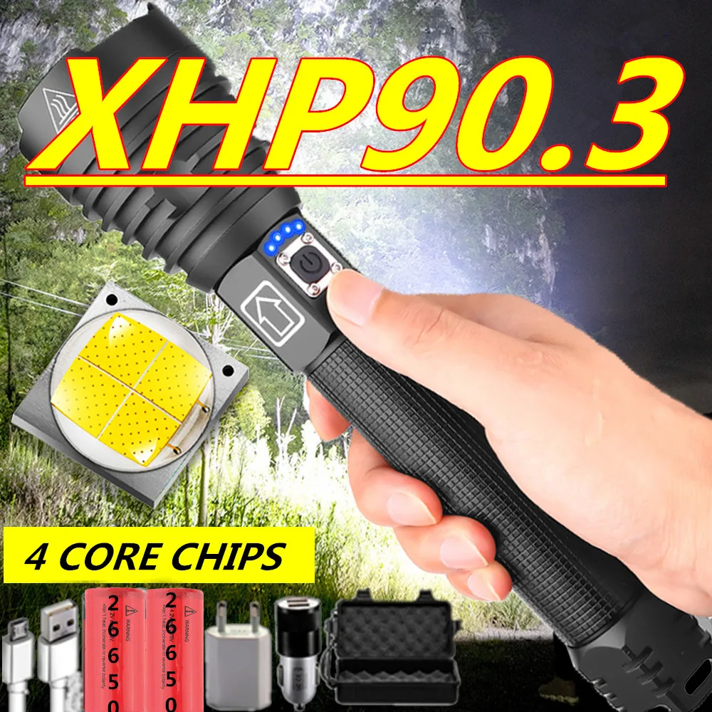 

90000lm xhp90.3 most powerful led flashlight torch usb rechargeable tactical flashlights 18650 or 26650 hand lamp dropshipping