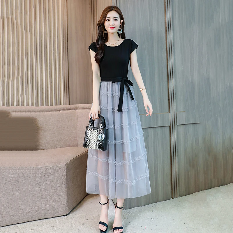 Dress women's summer 2022 new style waist closing slim temperament long skirt fashion fake two-piece mesh dress