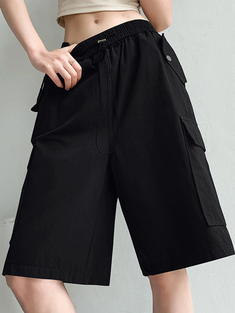 DFRCAEG 2023 Summer Wide Leg Cargo Shorts For Women High Elastic Waist Big Pockets Loose Half Length Pink Black Shorts Female