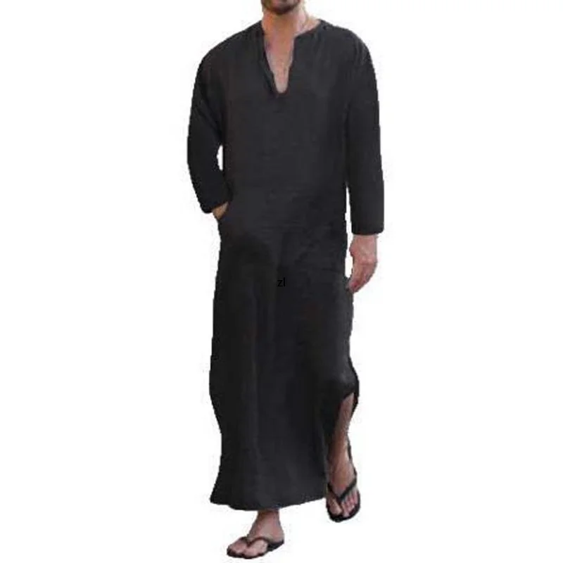 Men's Muslim Robe Cotton Linen Solid Color V-Neck Long Sleeves Loose Casual Robe Middle East Arabian Moroccan Style Kaftan 2022