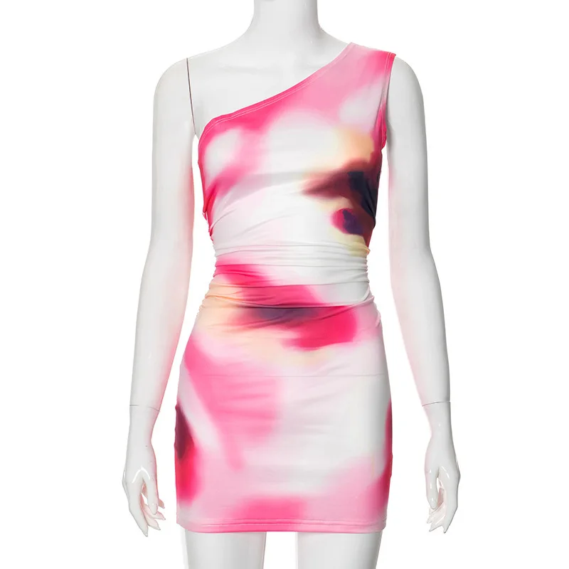 M24DS244 женское 2024 летнее новое платье на одно плечо без рукавов с принтом сумка