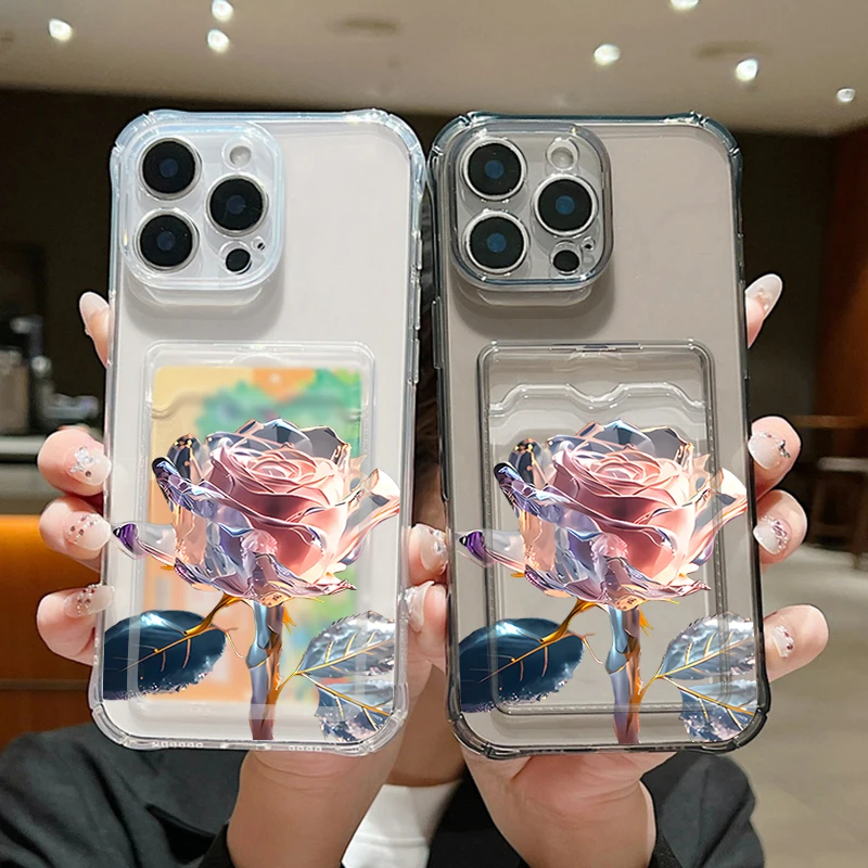 Прозрачный силиконовый чехол из ТПУ с рисунком розы и слотом для карт iPhone 16 15 14 13 12