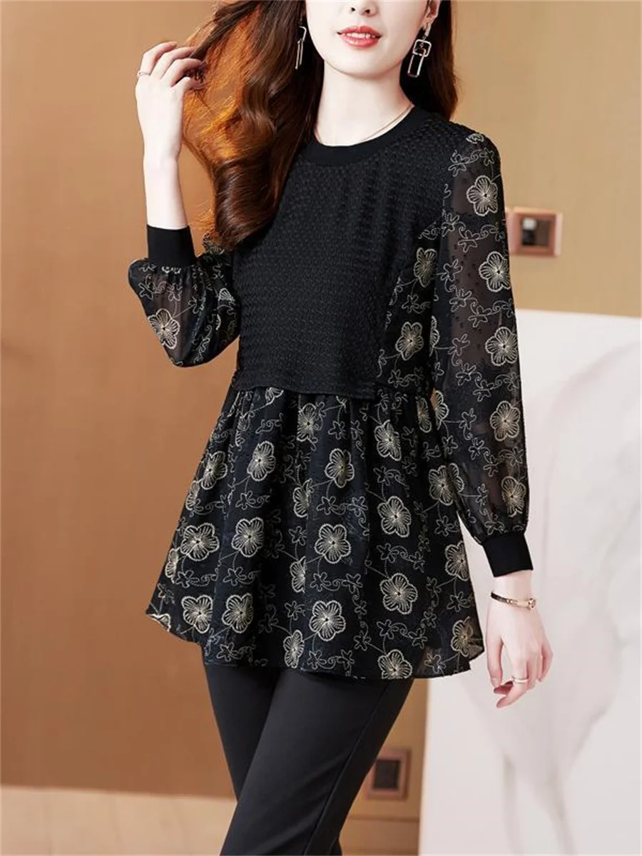 

Блузка женская демисезонная с длинным рукавом и круглым вырезом, TT2205