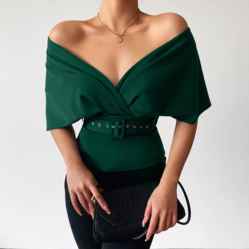 

Элегантная блузка с глубоким V-образным вырезом и поясом на весну и лето, модная пикантная рубашка с коротким рукавом, 2022, Женский однотонный...