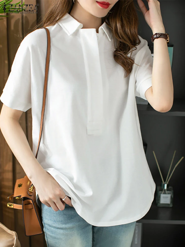 

Блузка ZANZEA женская с коротким рукавом, однотонная офисная элегантная повседневная Свободная рубашка с лацканами, на пуговицах, лето 2022