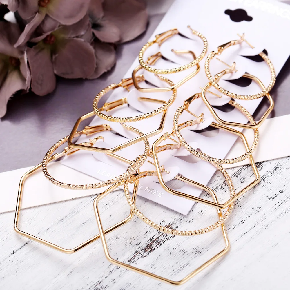 

6Pcs Gold/silver Colour Earring Set Korean Big Hoop Earrings for Women Exaggerated Circle Earings Fashion Jewelry
