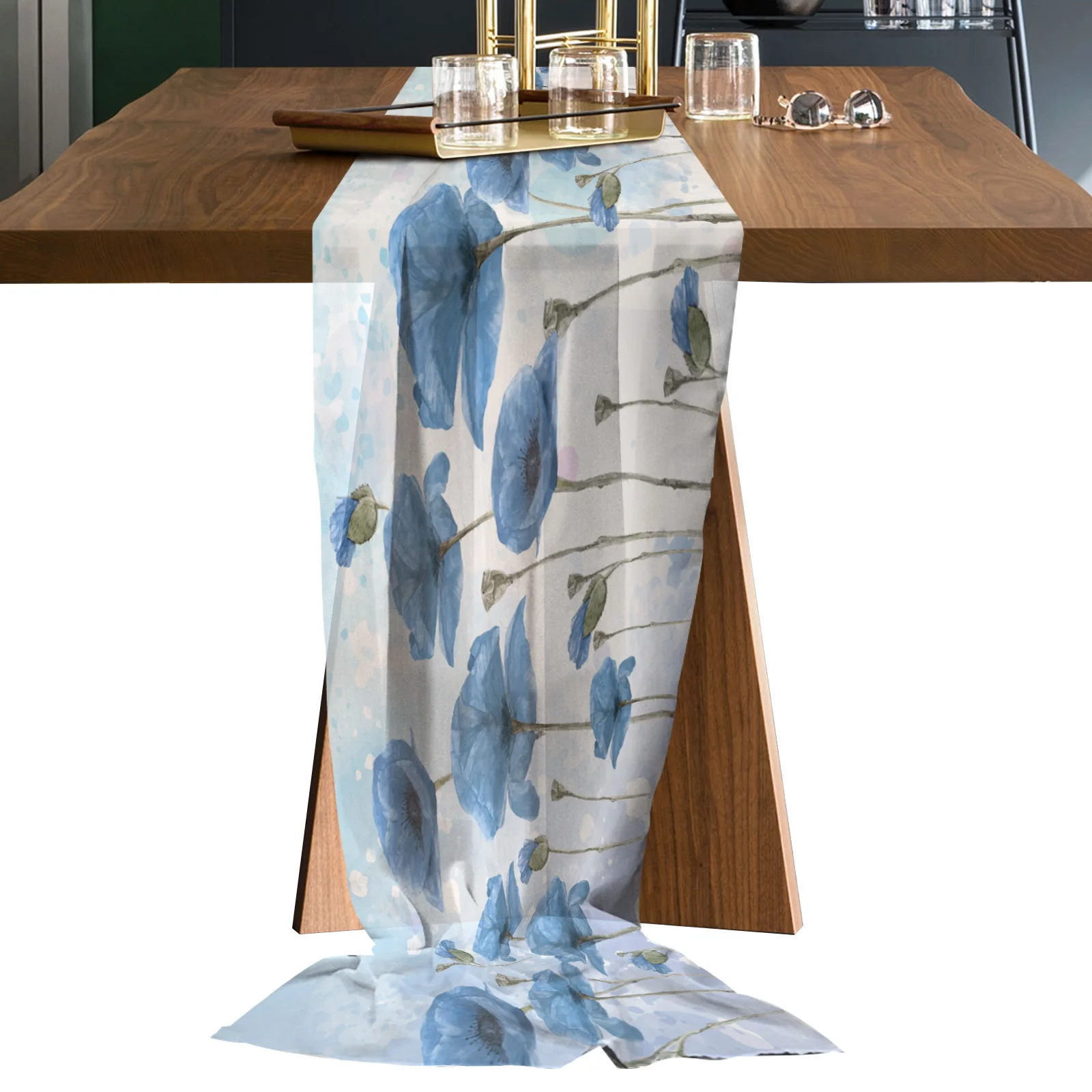 

Poppy Flower Elegant Ink Gauze Table Runners Wedding Decor Dinning Table Printed Chiffon Table Runners Tablecloth for Kitchen