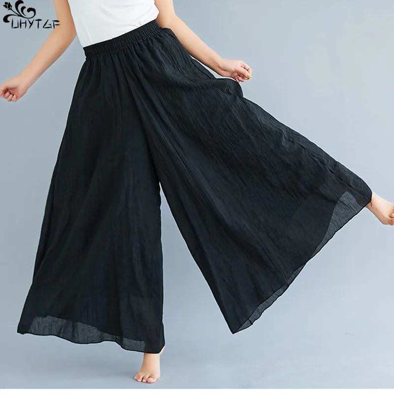 

UHYTGF Cotton Linen Trouser Skirt Women Summer Large Size Elastic Waist Solid Color Large Swing Ladies Nine-Point Pantskirt 407