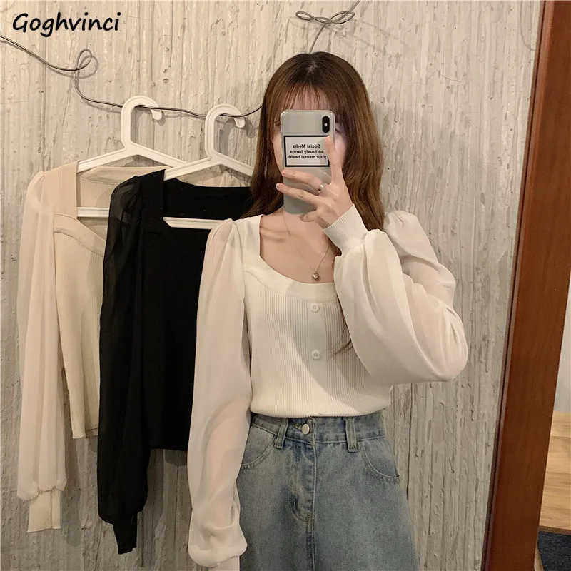 

Blouses Women Vintage Fashion Daily Patchwork Korean Style Square Collar Fall Puff Sleeve New Cozy Temperament Female Tops Ins