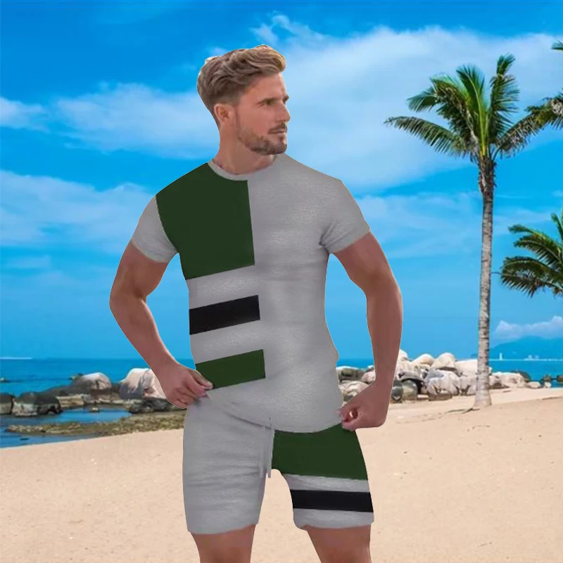 

3D Print Stitching Color Men's Sets Tracksuit Male O-neck Man Sport Suit Clothes for Men Casual Shorts Loose Sportwear Two Piece