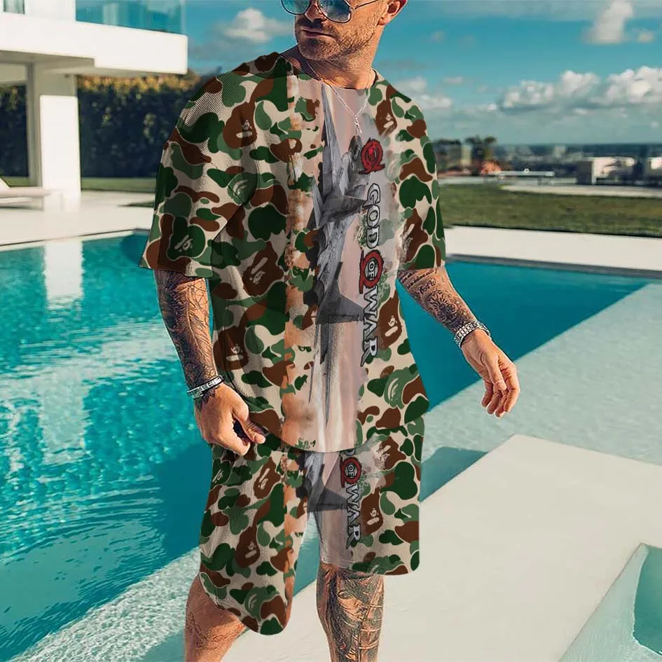 Men's clothing Camouflage Printed Men's 2 Piece Sportswear Short Sleeve T-shirt Set Summer Sportswear Loose Oversized Tracksuit
