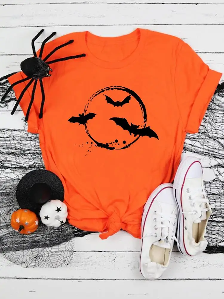 

Halloween Fall Autumn T Clothing Clothes Ladies Cartoon Sweet Cute Print Fashion Orange T-shirts Women's Female Graphic Tee
