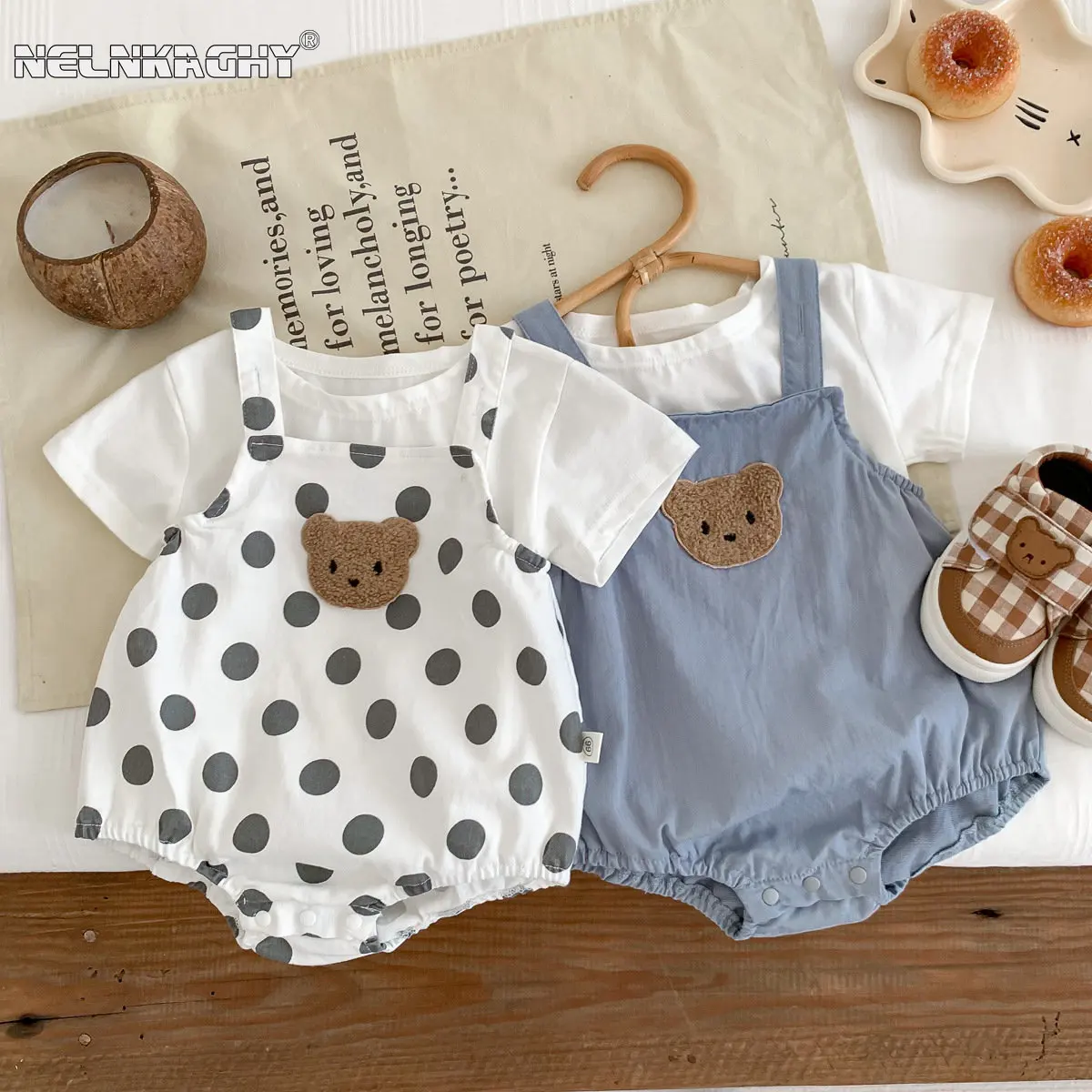 

Summer New In Newborn Baby Boys Girls Short Sleeve Solid Color Top T-shirts Sling Dot Overalls Bodysuits Infant Kids Clothes Set