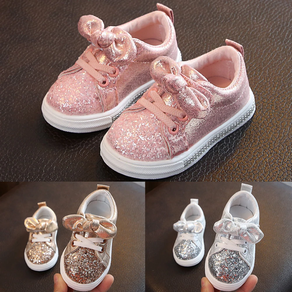 

Baby Girls Trendy Bow Sequin Shinny Crib Shoes Soft Sole Anti Slip Sport Sneakers 1-3 Years Toddler Kids Casual Shoes