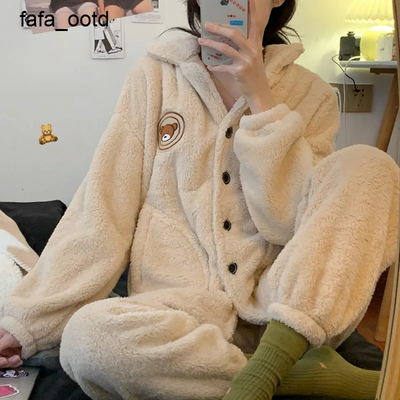 

2021 Flannel Pajamas Set Autumn Winter Warm Flannel Women Thick Coral Velvet Long Sleeve Cartoon Sleepwear Thick