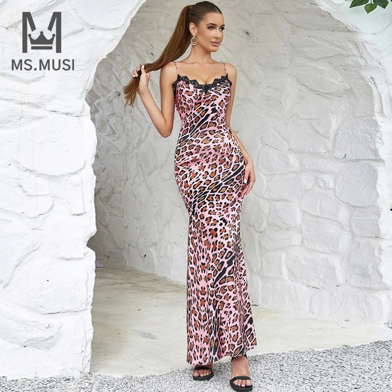 

Новинка 2023, модное женское сексуальное платье MSMUSI на бретелях с леопардовым принтом, кружевное платье без рукавов с открытой спиной, облегающее платье-макси для клуба, длинное платье