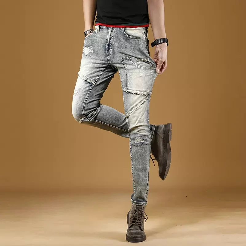 Summer Light Blue Ripped Jeans Men Streetwear Slim Fit Pencil Pants Casual Patchwork Burr Stretch Denim Trousers