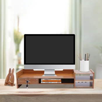 Monitor Stand Desk Screen Display Riser Organizer Stand Desktop Shelf Holder Laptop File Storage with Drawers Wood Color
