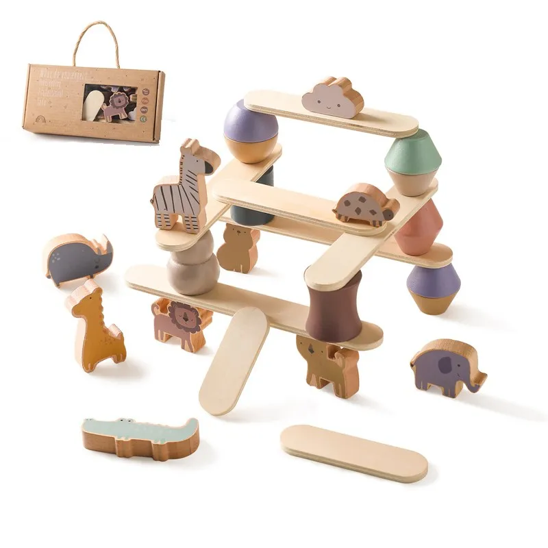 

Children Montessori Toy Wooden Animal Balance Blocks Board Game Wood Animal Educational Stacking Building High Block Constructor