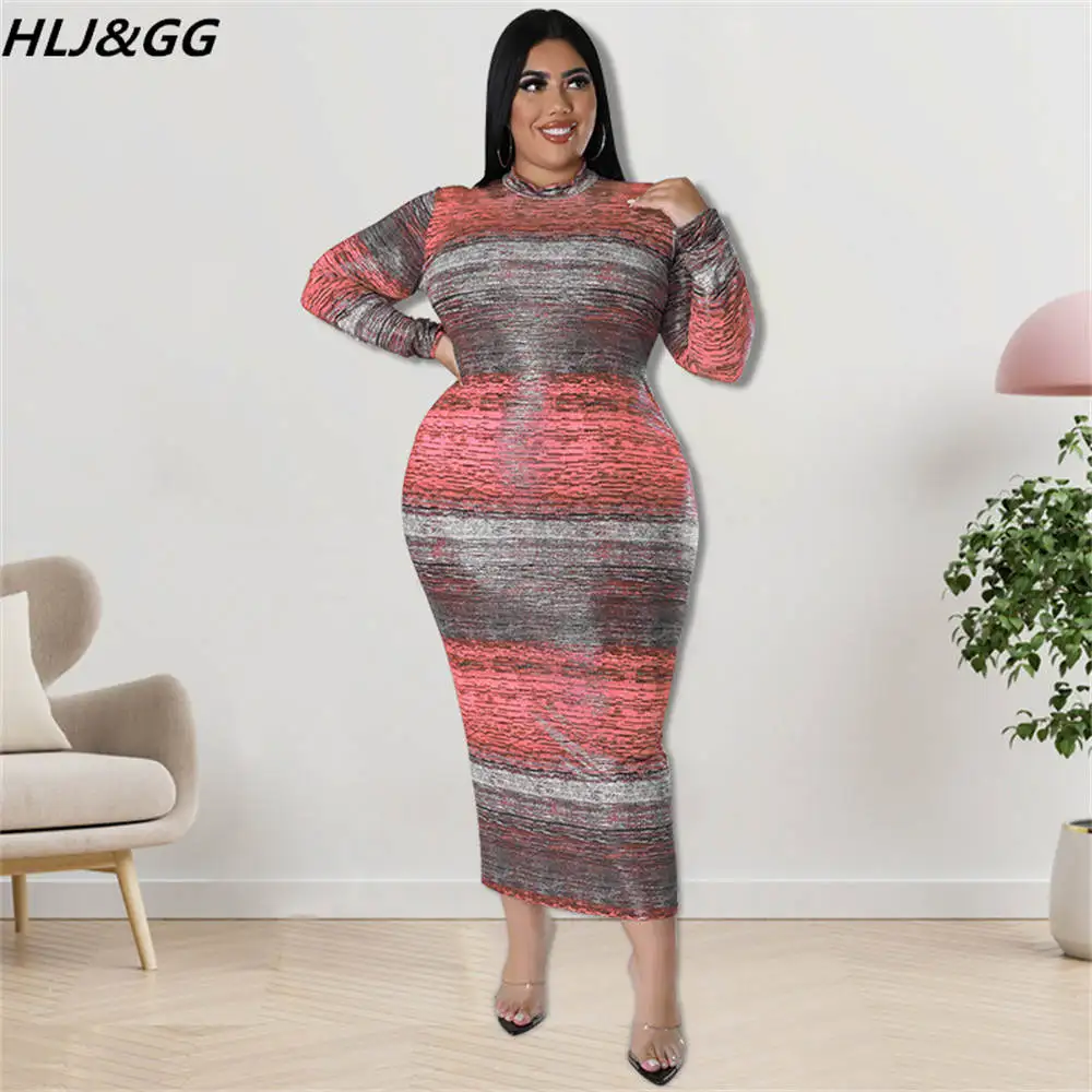 HLJ&GG Plus Size Women Clothing XL-5XL Fashion Vintage Pattern Print Bodycon Mid Dresses Fall Winter Casual Slim Vestidos Dress
