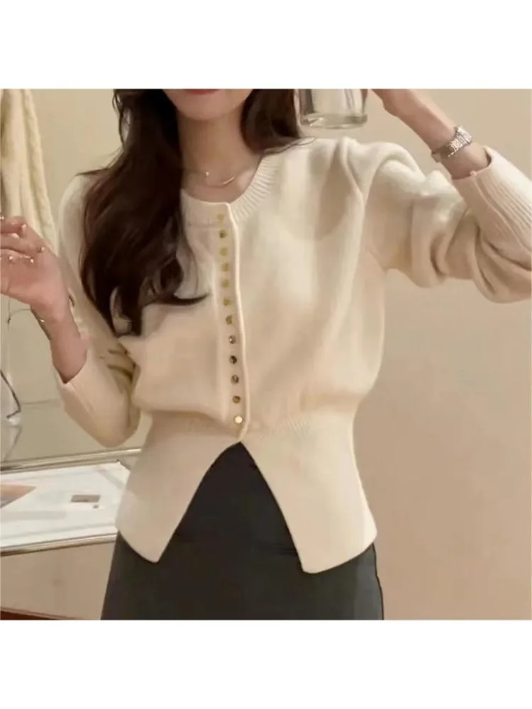 Корейский Женский Приталенный Трикотажный Кардиган С Длинными Рукавами И