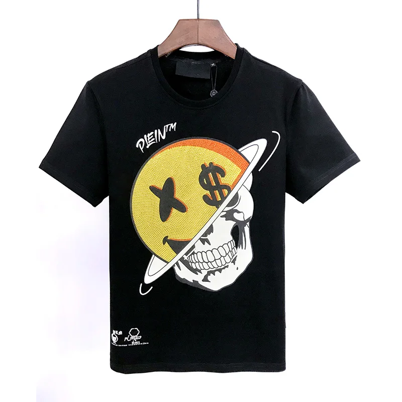

short sleeve t-shirt men's smiling face skull head hot drill fashion pure cotton summer pied plein half sleeve top