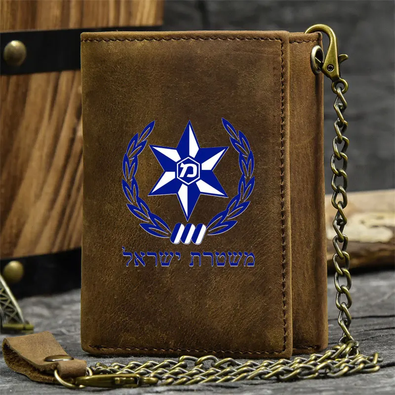 

Genuine Leather Men Wallet Anti Theft Hasp With Iron Chain Cool Israel Badge Design Cover Card Holder Rfid Short Purse