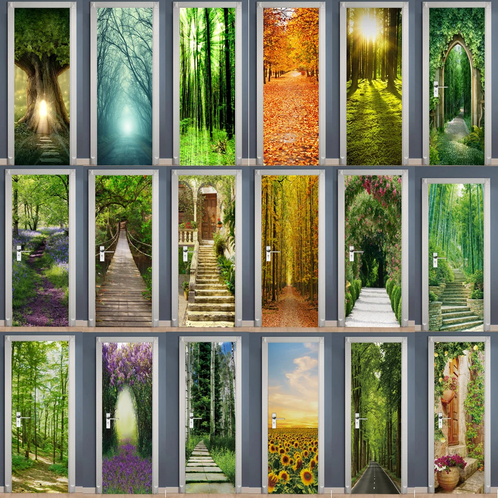

2pcs/Set Self-adhesive Door Sticker 3D Landscape Wallpaper PVC Waterproof Mural For Living Room Bedroom Decor Removable Poster