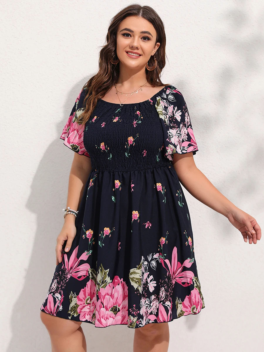 Finjani Allover Floral Print Shirred Midi Dress Plus Size Lantern Sleeve High Waist Dresses For Women 2022 Summer
