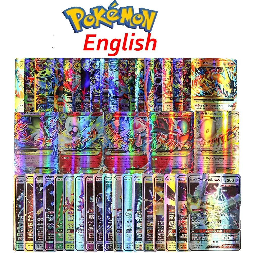 

Блестящие карты Pokmon 100 VMAX 200 GX, Лидер продаж, детская боевая игра на английском языке, бирка, команда MEGA, коллекционная карточка 60-300 шт., детски...