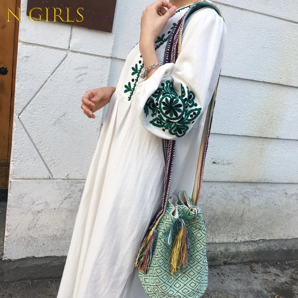 

N GIRLS Retro Dress Korean Fashion O Neck Lantern Sleeve Dresses Elegant Heavy Embroidery Flowers Robes Loose Pleated Vestidos