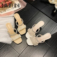 niufuni square toe rhinestone straps stiletto women slippers summer slip on slides ladies shoes fashion elegant dress shoes pump