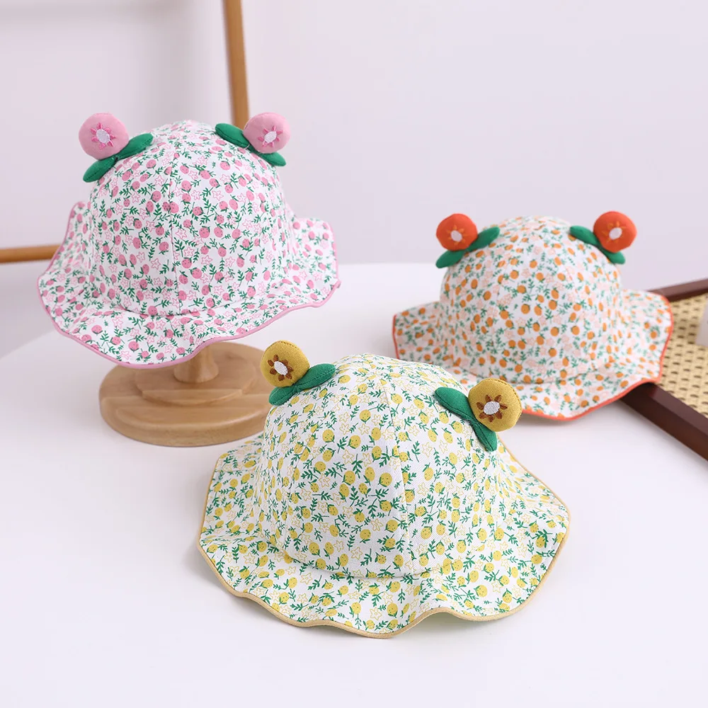 

Летняя хлопковая шапка с цветочным принтом для маленьких девочек, детские солнцезащитные кепки с фруктами