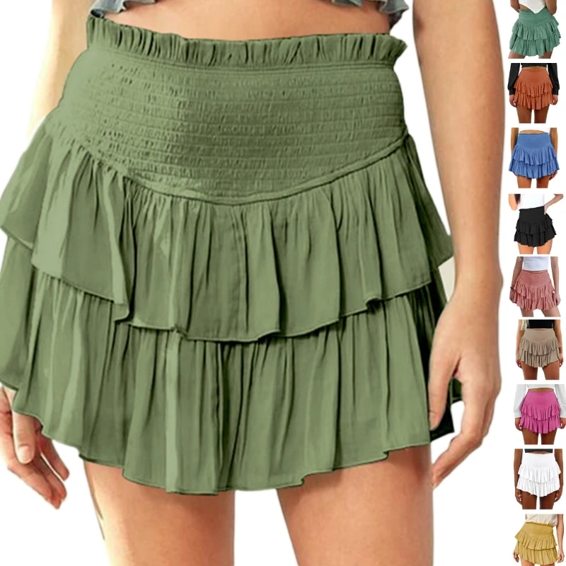 

50JB Womens Smocked High Waist Tiered Ruffle Hem Pleated A-Line Mini Skirt Solid Color Loose Flowy Skater Skirt with Shorts