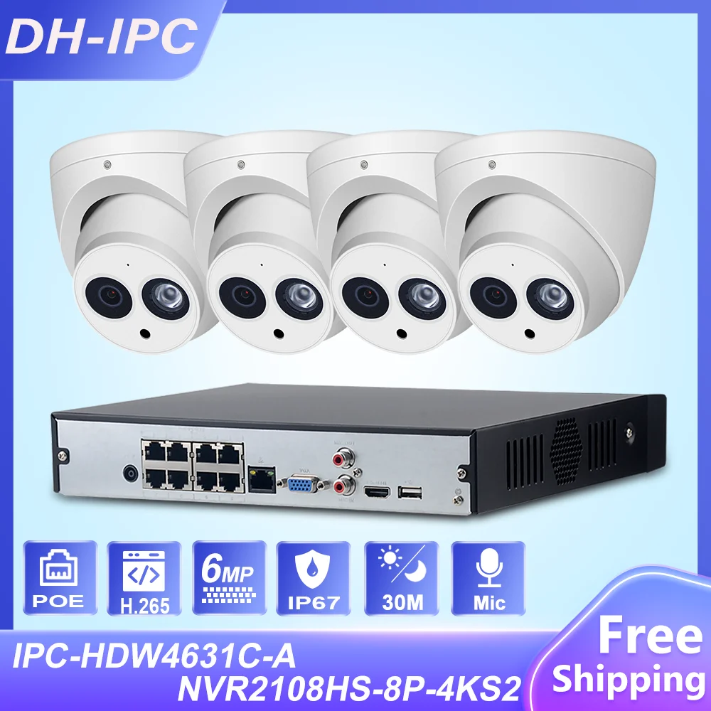 

Dahua CCTV Security Camera Kit 8POE NVR2108HS-8P-4KS2 6MP IP Camera IPC-HDBW4631C-A P2P Surveillance System Easy To Install