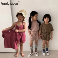freely move summer baby clothes girls solid color 3 piece kids fashion sling vest long shirts 2 6 y girl casual clothing suit